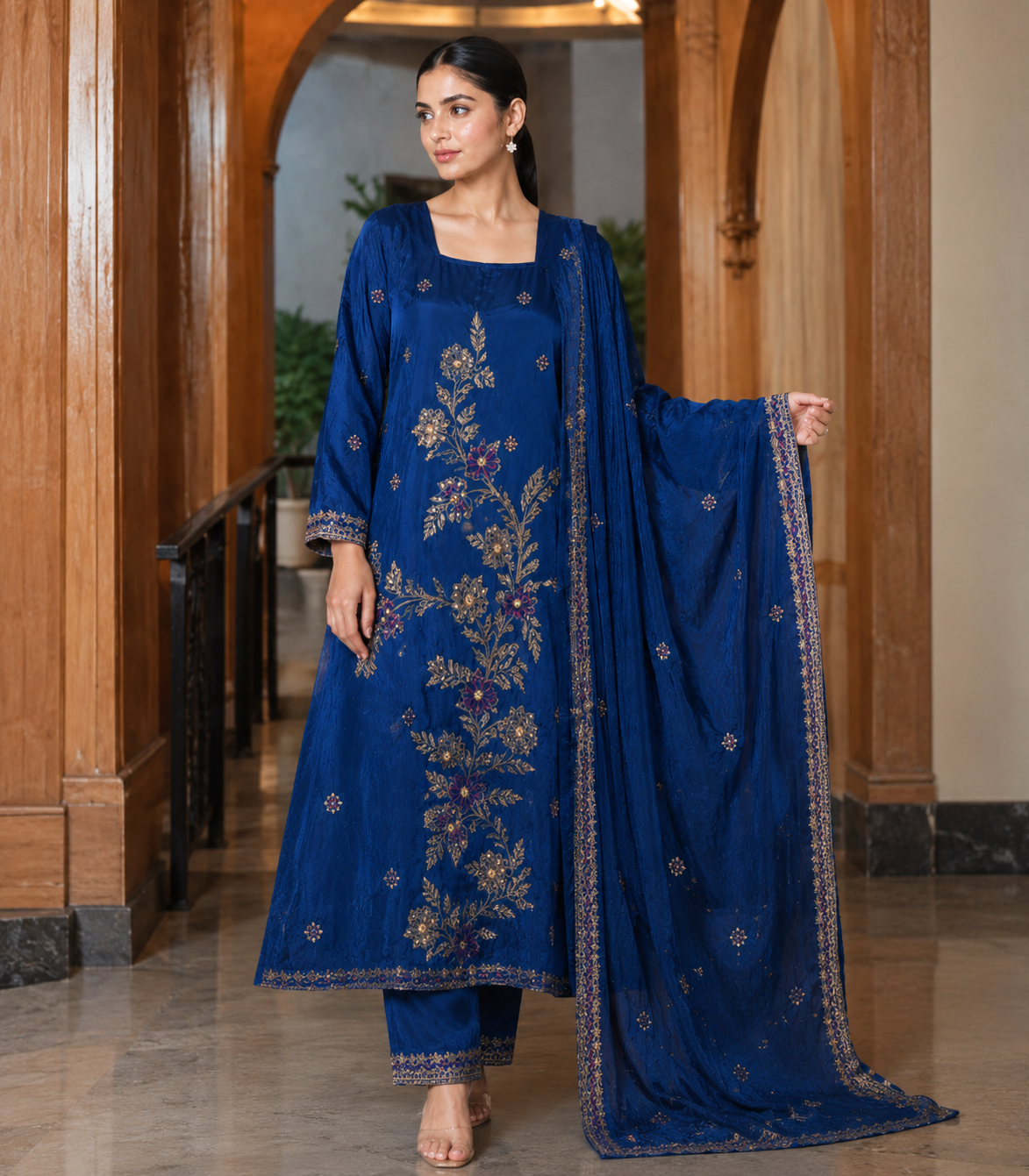 Royal Blue Naqshi Embroidered Luxury Dress