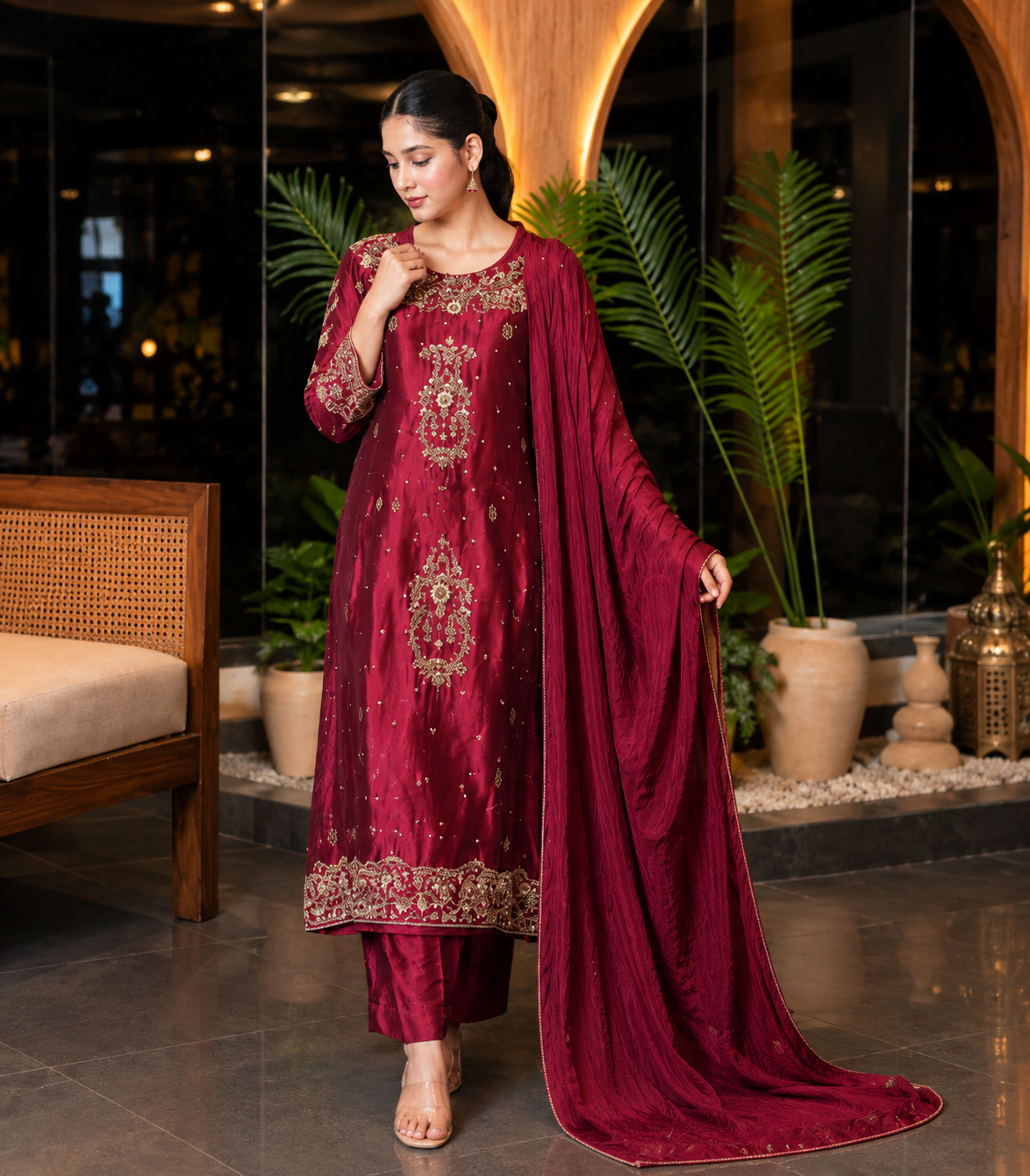 Magenta Luxury Embroidered Shirt Trouser Set